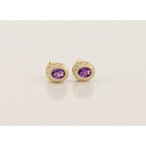 10k Yellow Gold Natural Amethyst Earrings Stud Post - Picture 8 of 8
